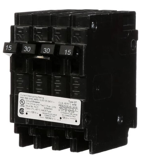 Electrical and Ventilation Breakers and Fuses 660059BB Siemens Quadplex Breaker 30 Amp Double Pole With (2) Single Pole 15 Amp